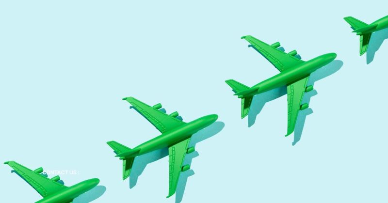 The Ultimate Vegan and Sustainable Travel Guide - green airplanes cross from the bottom left to the top right of the image. half of one is at the bottom left, and then two in the middle, and a tail at the top right. on a light blue background.