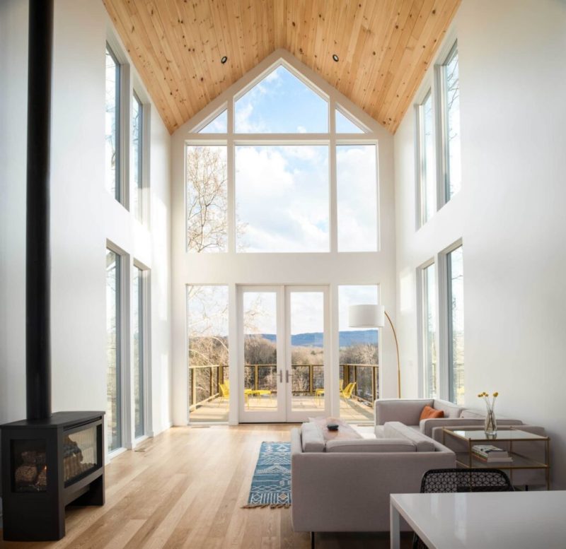 The large window in the common area of The Gray Barn, a vegan inn and animal sanctuary located in Upstate NY