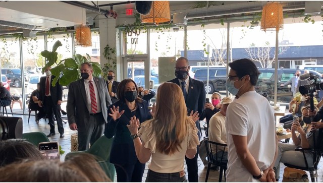 Vice President Kamala Harris visits Tacotarian in Las Vegas on her first stop in the Help is Here Tour across the country. For more vegan news visit www.vegansbaby.com