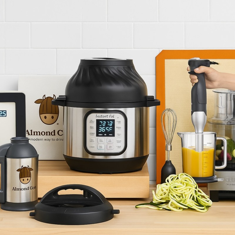 A modern kitchen countertop displays a variety of vegan kitchen gadgets, including a food processor, cutting board, olive oil, vegetables, and crispy tostadas, evoking a clean and plant-based cooking space.