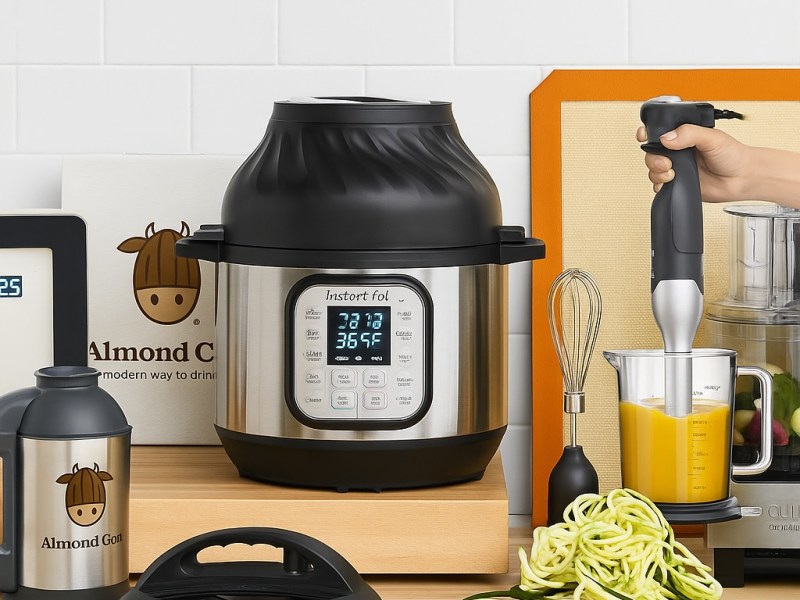 A modern kitchen countertop displays a variety of vegan kitchen gadgets, including a food processor, cutting board, olive oil, vegetables, and crispy tostadas, evoking a clean and plant-based cooking space.