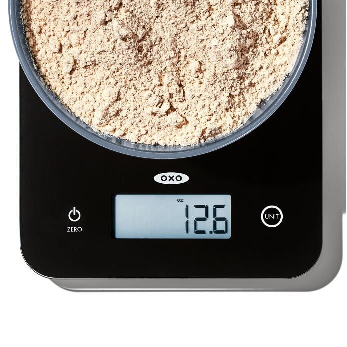 OXO Good Grips digital kitchen scale measuring dry vegan ingredients