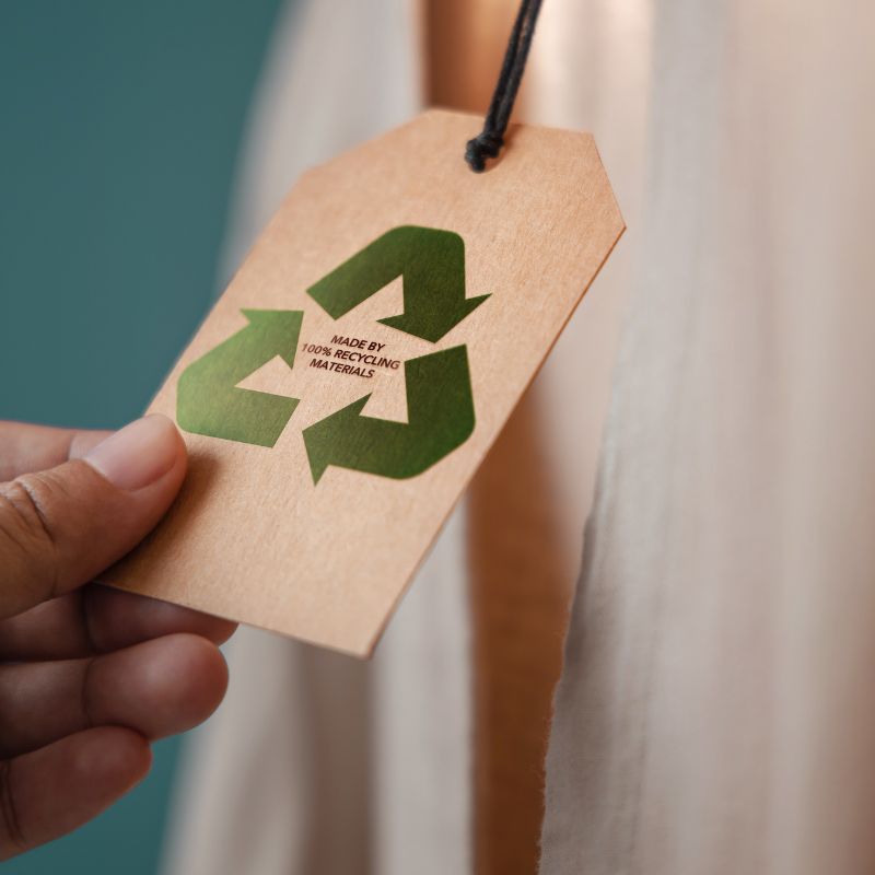a hand holds a brown clothing tag strung to a piece of clothing in the background. The tag has three areas in the classic recycling configuration, in green. 