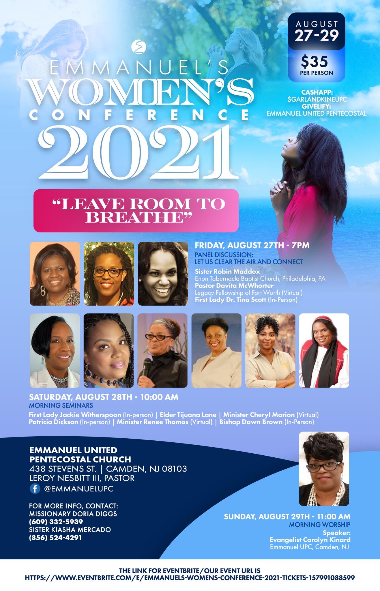 Emmanuel’s Women’s Conference 2021 “Leave Room To Breathe” August 27th – August 29th
